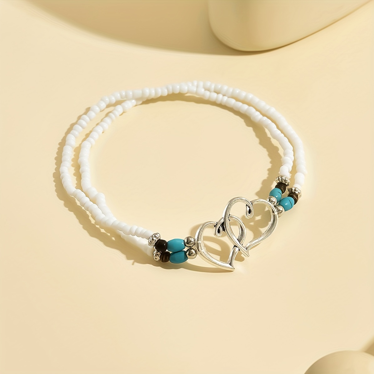 Bohemian Glass Rice Bead Double Heart Elastic Anklet